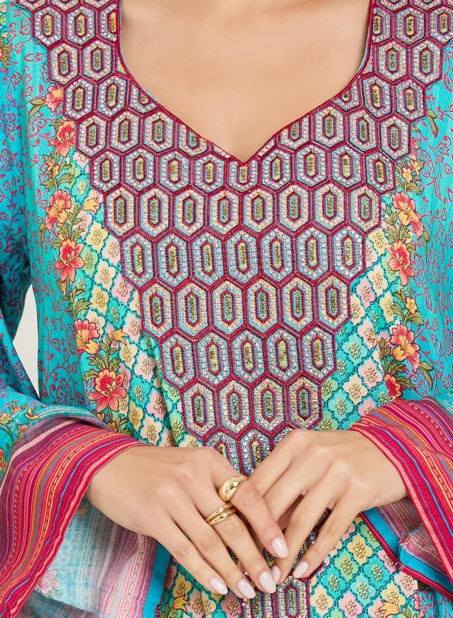 Amirah  Blue Printed A-Line Jalabiya for Women | Best Price UAE